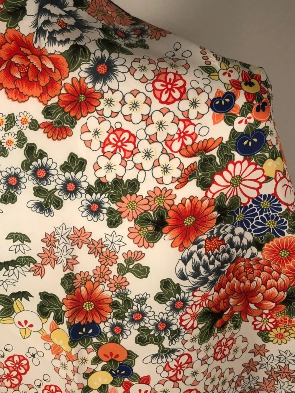 Japanese Inspired Floral Square Scarf Ivory Orange Blue Green 34